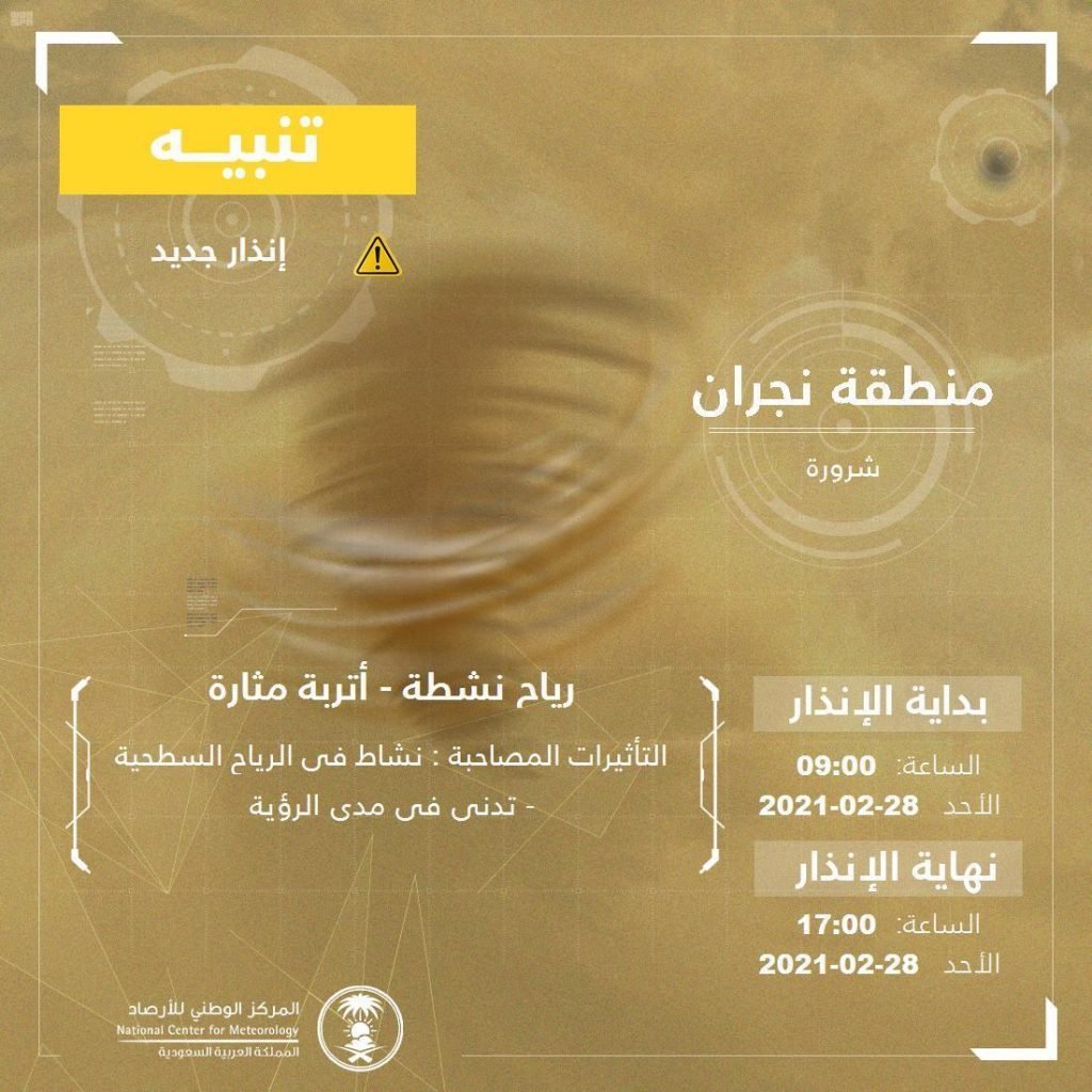المركز الوطني للأرصاد: رياح نشطة وأتربة مثارة على محافظة شرورة