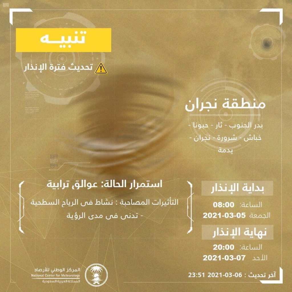 المركز الوطني للأرصاد ينبه من عوالق ترابية على منطقة نجران