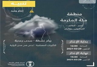 المركز الوطني للارصاد ينبه بهطول أمطار رعدية على عدد من محافظات مكة المكرمة