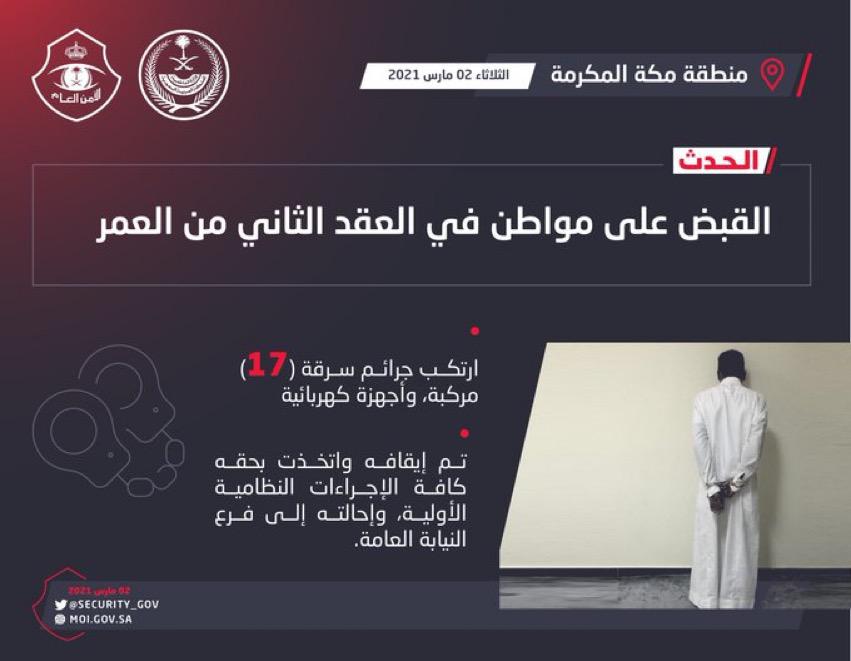شرطة مكة: القبض على شخص ارتكب جرائم سرقة 17 مركبة وأجهزة كهربائية
