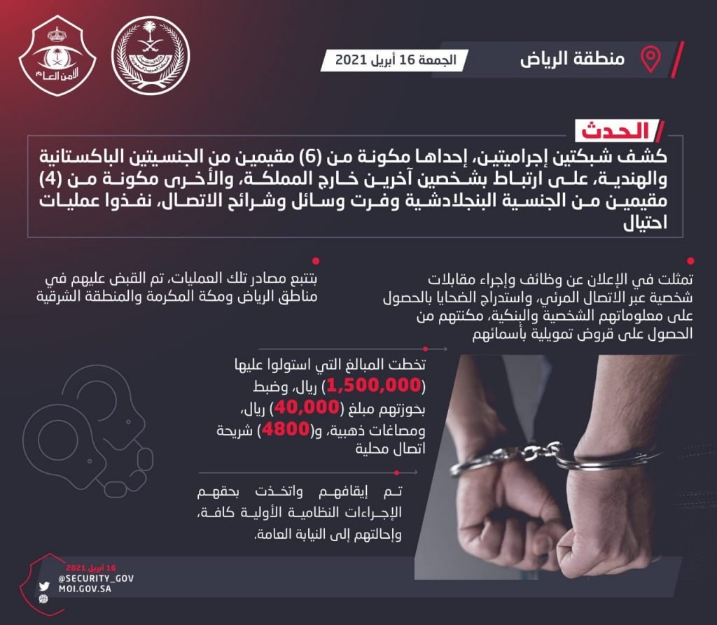 شرطة الرياض : القبض على شبكتين إجراميتين نفذتا عمليات احتيال