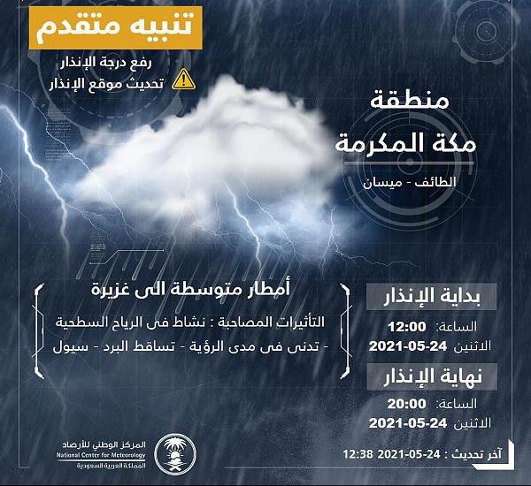 المركز الوطني للأرصاد ينبّه بهطول أمطار رعدية على محافظتي الطائف وميسان