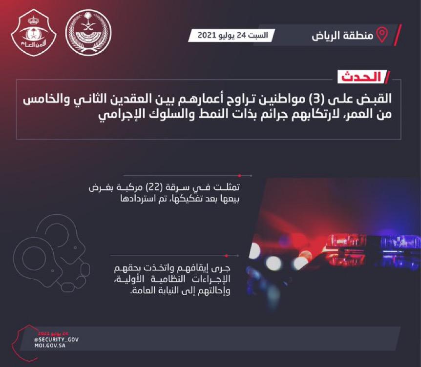 شرطة منطقة الرياض: القبض على (3) مواطنين لارتكابهم جرائم بذات النمط والسلوك الإجرامي