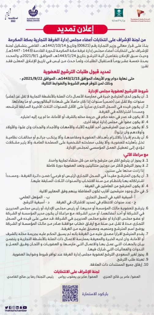 لجنة الانتخابات تمدد موعد استقبال طلبات الترشح لمجلس إدارة “غرفة مكة”