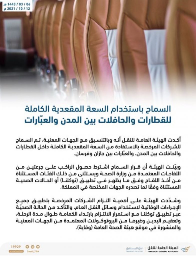 الهيئة العامة للنقل السماح باستخدام السعة المقعدية الكاملة للقطارات والحافلات بين المدن والعبّارات