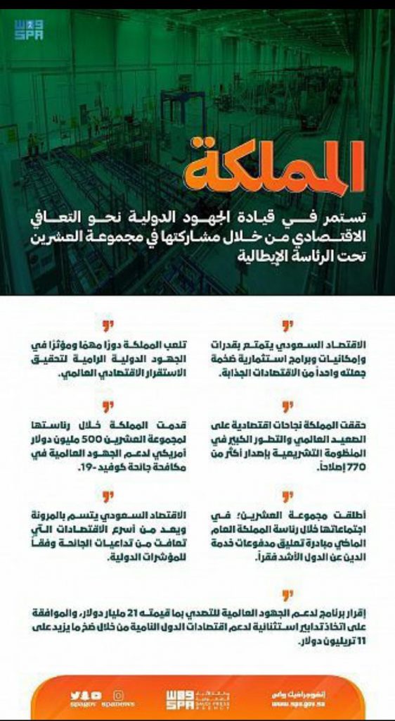 المملكة تستمر في قيادة الجهود الدولية نحو التعافي الاقتصادي من خلال مشاركتها في مجموعة العشرين تحت الرئاسة الإيطالية