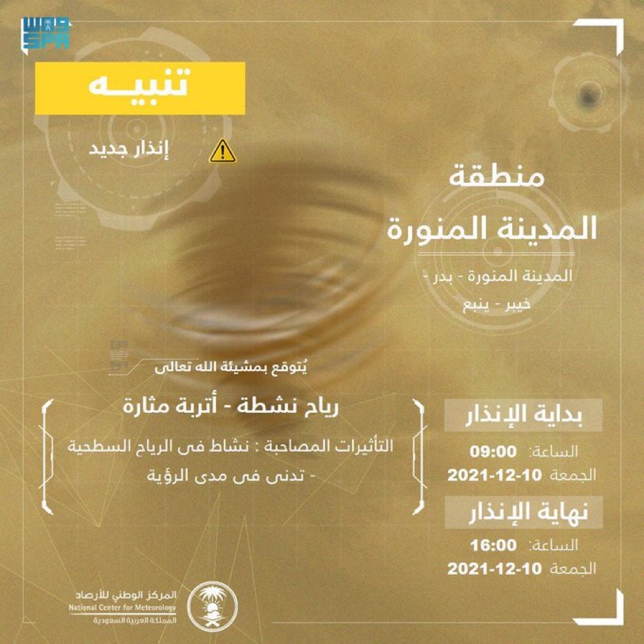 “المركز الوطني للأرصاد” : رياح نشطة وأتربة مثارة على منطقة المدينة المنورة
