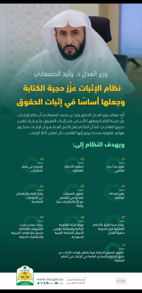 وزير العدل يشكر القيادة بمناسبة الموافقة على نظام الإثبات