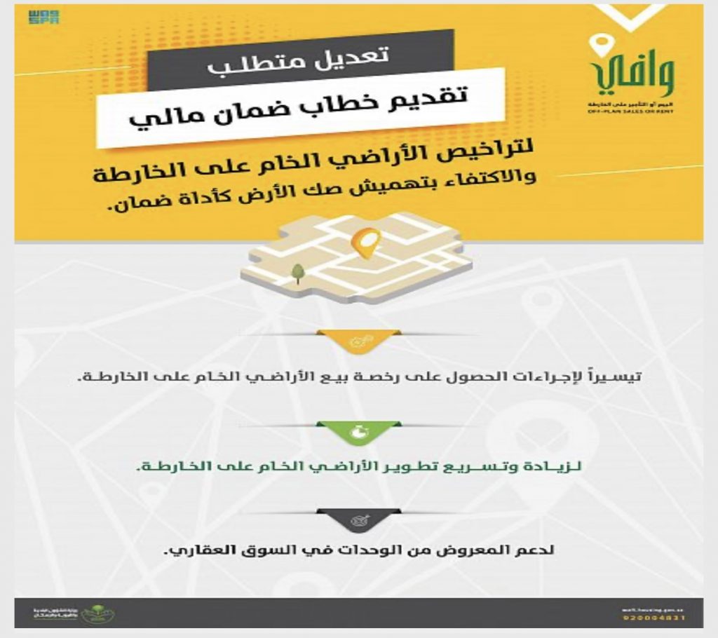“وافي”: تعديل متطلب تقديم ضمان مالي لتراخيص الأراضي الخام على الخارطة والاكتفاء بـ “تهميش صك الأرض”