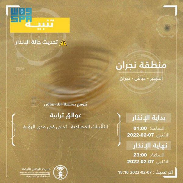المركز الوطني للأرصاد: عوالق ترابية على منطقة نجران