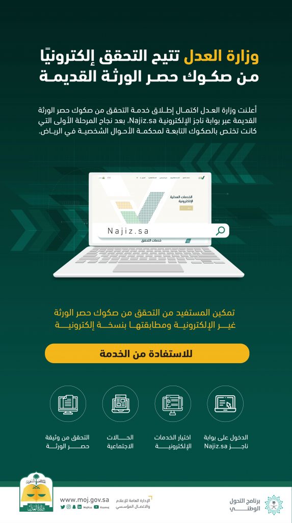 وزارة العدل تتيح التحقق إلكترونيًا من صكوك حصر الورثة القديمة الصادرة من جميع المحاكم