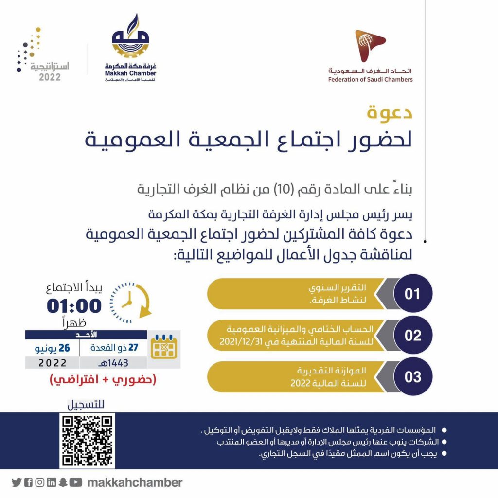 “غرفة مكة” تعقد جمعيتها العمومية ظهر الأحد 26 يونيو الجاري