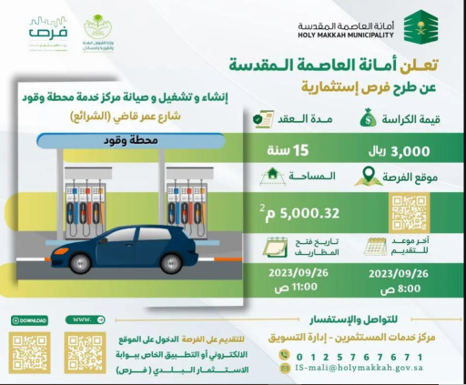 “أمانة العاصمة المقدسة” تطرح فرصةً استثماريةً لإنشاء وتشغيل وصيانة مركز خدمة وقود بمكة المكرمة