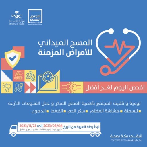 تجمع مكة المكرمة الصحي يطلق خدمة عيادة الفحص المبكر للامراض المزمنة المتنقلة بشعار “أفحص اليوم لغداً افضل “