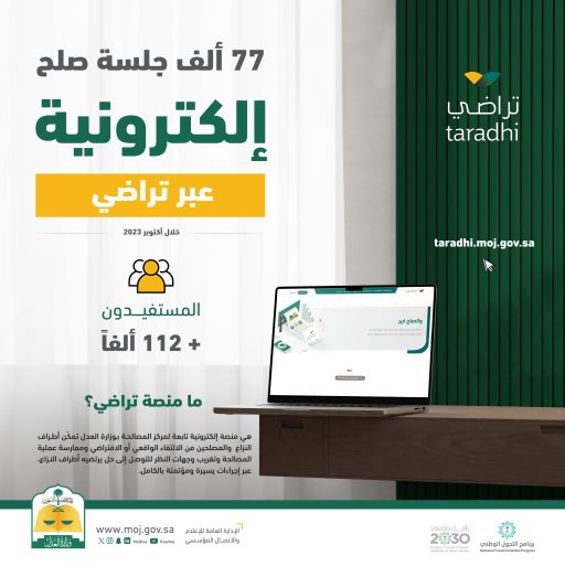 وزارة العدل: عقد 77 ألف جلسة صلح إلكترونية عبر “تراضي” خلال أكتوبر الماضي