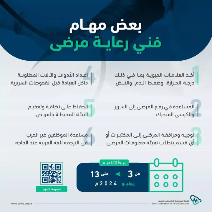 “التخصصات الصحية” تعلن بدء التقديم على برنامج “فني رعاية مرضى”