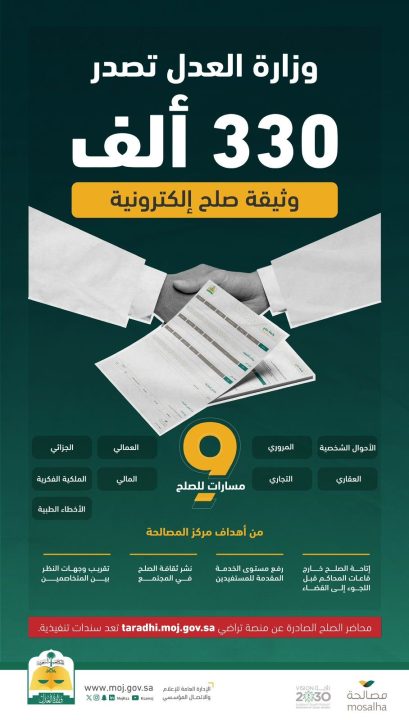 وزارة العدل تصدر 330 ألف وثيقة صلح إلكترونية