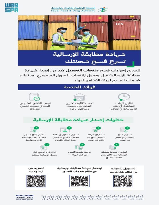 “الغذاء والدواء”: إمكانية إصدار شهادة مطابقة الإرسالية عبر نظام خدمات الفسح من بلد الشحن في قطاع التجميل