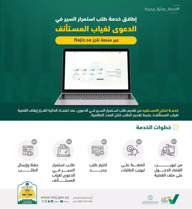 وزارة العدل تطلق خدمة “طلب استمرار السير في الدعوى لغياب المستأنف”