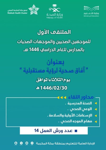 تعليم مكة : يستهدف 1100 موجه صحي وموجهة صحية بـ 14 ورقة عمل في اللقاء الصحي الأول للعام ١٤٤٦ هـ ” آفاق صحية لرؤية مستقبلية “