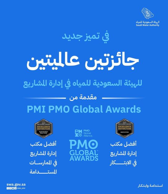 الهيئة السعودية للمياه تحصد جائزتين عالميتين في إدارة المشاريع ضمن جوائز pmi pmo global awards