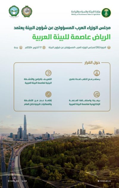 الرياض تُتوَّج بلقب عاصمة البيئة العربية في ختام فعاليات الدورة الـ 35 لمجلس الوزراء العرب لشؤون البيئة