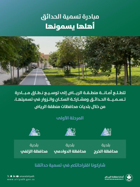 أمانة منطقة الرياض تواصل تعزيز المشاركة المجتمعية بتوسيع مبادرة “أهلها يسمونها” لتسمية الحدائق في المحافظات