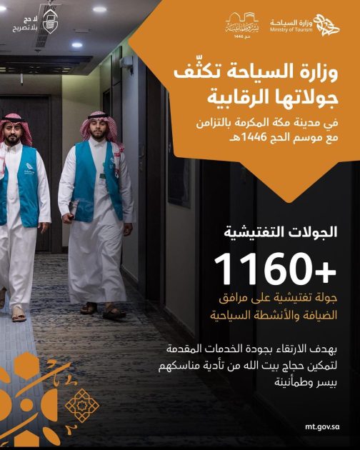 وزارة السياحة تنفذ أكثر من 1160 زيارة رقابية في مكة المكرمة بالتزامن مع موسم الحج