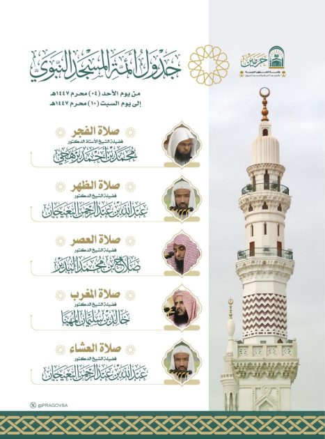 رئاسة الشؤون الدينية تعلن جدول الأئمة المكلفين بإمامة الصلوات في الحرمين الشريفين من 4 إلى 10 محرم 1447هـ