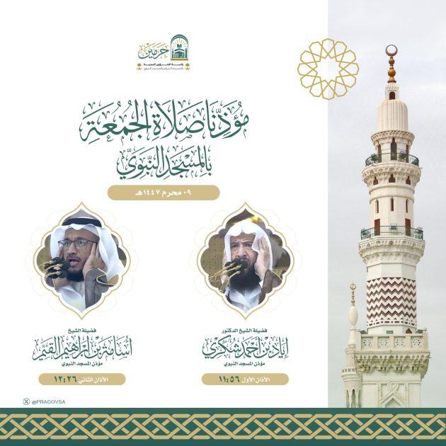 الشؤون الدينية تعلن أسماء مؤذني صلاة الجمعة في الحرمين الشريفين
