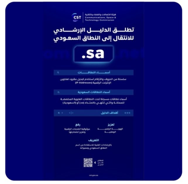 تعزيزًا للهوية الرقمية الوطنية ورفع موثوقية الخدمات.. هيئة الاتصالات والفضاء والتقنية تطلق الدليل الإرشادي للانتقال إلى النطاق السعودي (sa.)