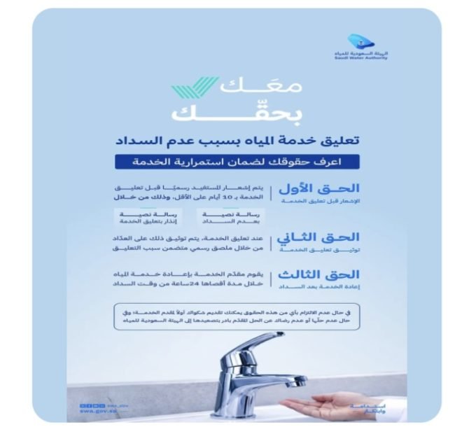 الهيئة السعودية للمياه توضّح حقوق المستفيدين عند إيقاف الخدمة
