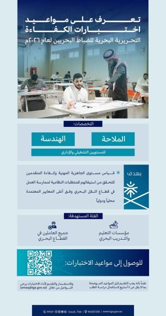 الهيئة العامة للنقل تعلن مواعيد اختبارات الكفاءة التحريرية البحرية للضباط البحريين